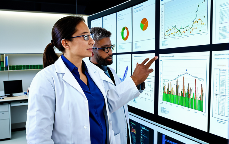 Collaborative Research Environment**
A diverse team of scientists in a modern biology lab, working collaboratively on a research project, fully clothed in appropriate lab attire, safe for work, focus on teamwork and data analysis, perfect anatomy, natural proportions, professional photography, family-friendly, high quality. The lead biologist, a woman in her late 30s, is shown explaining a complex dataset on a large interactive screen, using hand gestures to emphasize key points. The overall atmosphere is one of collaboration, focus, and innovation.
**