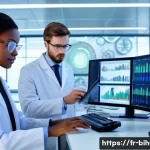 생물학자 생명과학 직업군의 변화 - A modern biology laboratory scene featuring a diverse group of scientists collaborating on a data-dr...