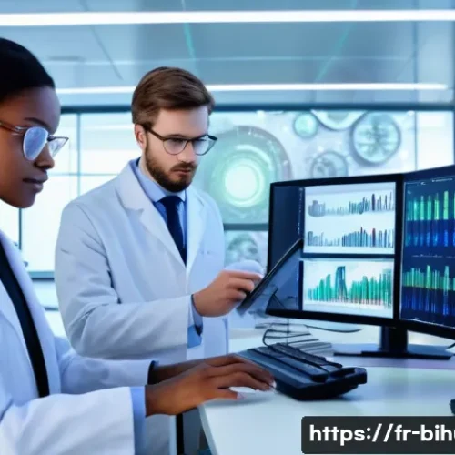 생물학자 생명과학 직업군의 변화 - A modern biology laboratory scene featuring a diverse group of scientists collaborating on a data-dr...