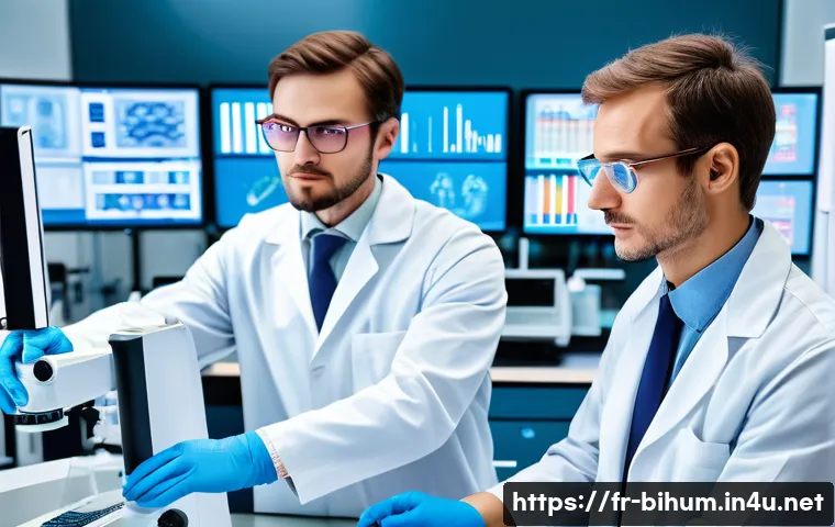 생물학자 연구비 지원 방법 - A professional, modern research laboratory setting in Europe, showcasing a diverse team of scientist...