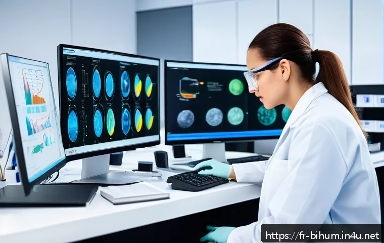 생물학자 직장 내 업무 분배 - A modern biology laboratory scene showing a diverse team of researchers collaborating efficiently. O...