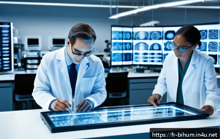 생물학자 해외 연구 기회 - A modern American biotechnology research lab bustling with diverse scientists collaborating on cutti...