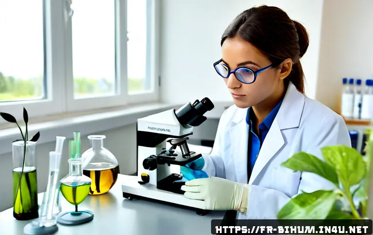 Home 17 생물학자 연구개발 경로 - Photorealistic French university biology laboratory scene, a young biologist in a white lab coat and...