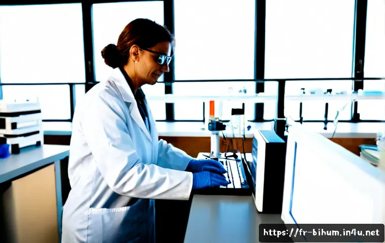 생물학자 최신 연구 도구와 기술 - Photorealistic molecular biology laboratory in France, a focused middle-aged biologist wearing a whi...
