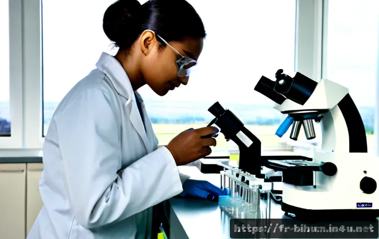 Home 17 생물학자 연구소 환경 - Photorealistic biology laboratory in France, female biologist in a white lab coat and protective eye...